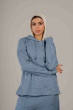 Plain ribbed blouse with hoodie - Image 2